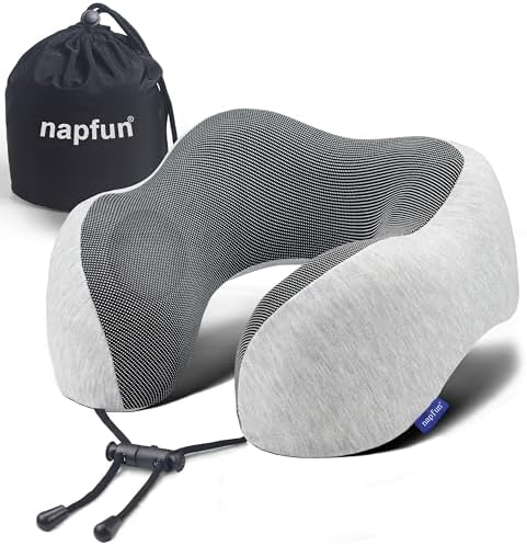 napfun Neck Pillow for Traveling, Upgraded Travel Neck Pillow for Airplane 100% Pure Memory Foam Travel Pillow for Flight Headrest Sleep, Portable Plane Accessories, Light Grey