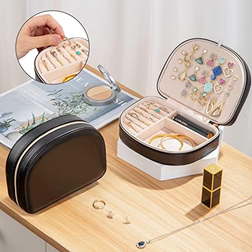 ProCase Travel Size Jewelry Box, Small Portable Seashell-Shaped Jewelry Case, 2 Layer Mini Jewelry Organizer in PU Leather for Women -Black - Image 4