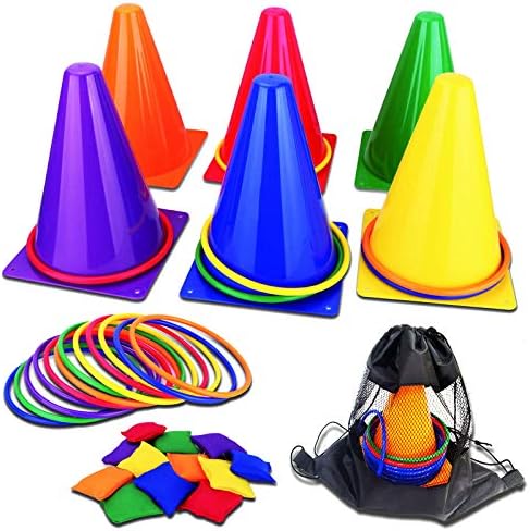 unanscre 31PCS 3 in 1 Carnival Outdoor Games Combo Set for Kids, Soft Plastic Cones Bean Bags Ring Toss Game, Gift for Birthday Party/Xmas