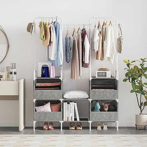 Laiensia Clothes Rack,3 Rods Portable Clothing Hanging Garment Rack,Coat and Shoe Rack with 4 Storage Shelves and 4 Storage Pockets,for Bedroom,Entryway,Living Room,Grey&White - Image 3