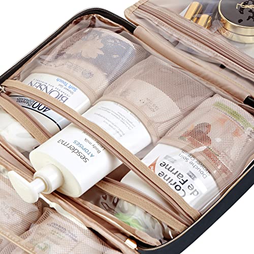 NISHEL Travel Toiletry Bag for women, Portable Hanging Organizer for Full-Sized Shampoo, Conditioner, Brushes Set, Makeup Accessories, Large Size, Black - Image 6