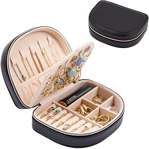 ProCase Travel Size Jewelry Box, Small Portable Seashell-Shaped Jewelry Case, 2 Layer Mini Jewelry Organizer in PU Leather for Women -Black