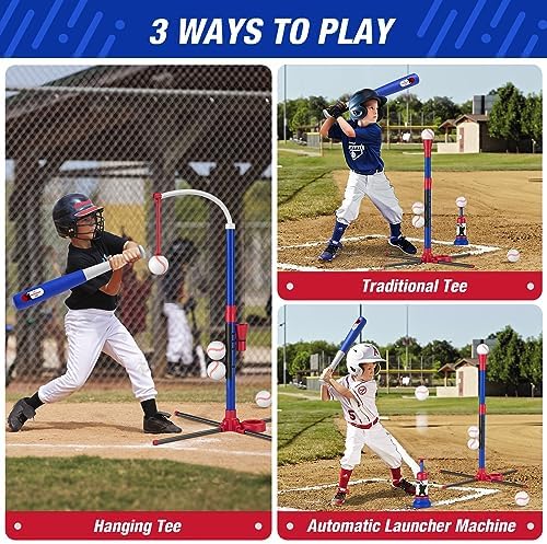 3-in-1 Baseball Set for Kids 3-5 - Tee Ball Stand, Hanging Tee, Ball Launcher and 6 Softballs - Adjustable Height, Indoor/Outdoor Sport Gifts for Boys, Blue - Image 2