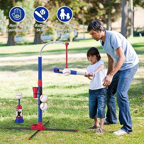 3-in-1 Baseball Set for Kids 3-5 - Tee Ball Stand, Hanging Tee, Ball Launcher and 6 Softballs - Adjustable Height, Indoor/Outdoor Sport Gifts for Boys, Blue - Image 5